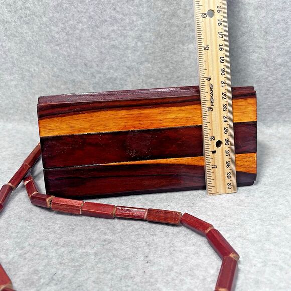 Vintage 70s Wooden Slat Shoulder Bag Small Size Two Tone Lined Snap Button Boho - Picture 15 of 15